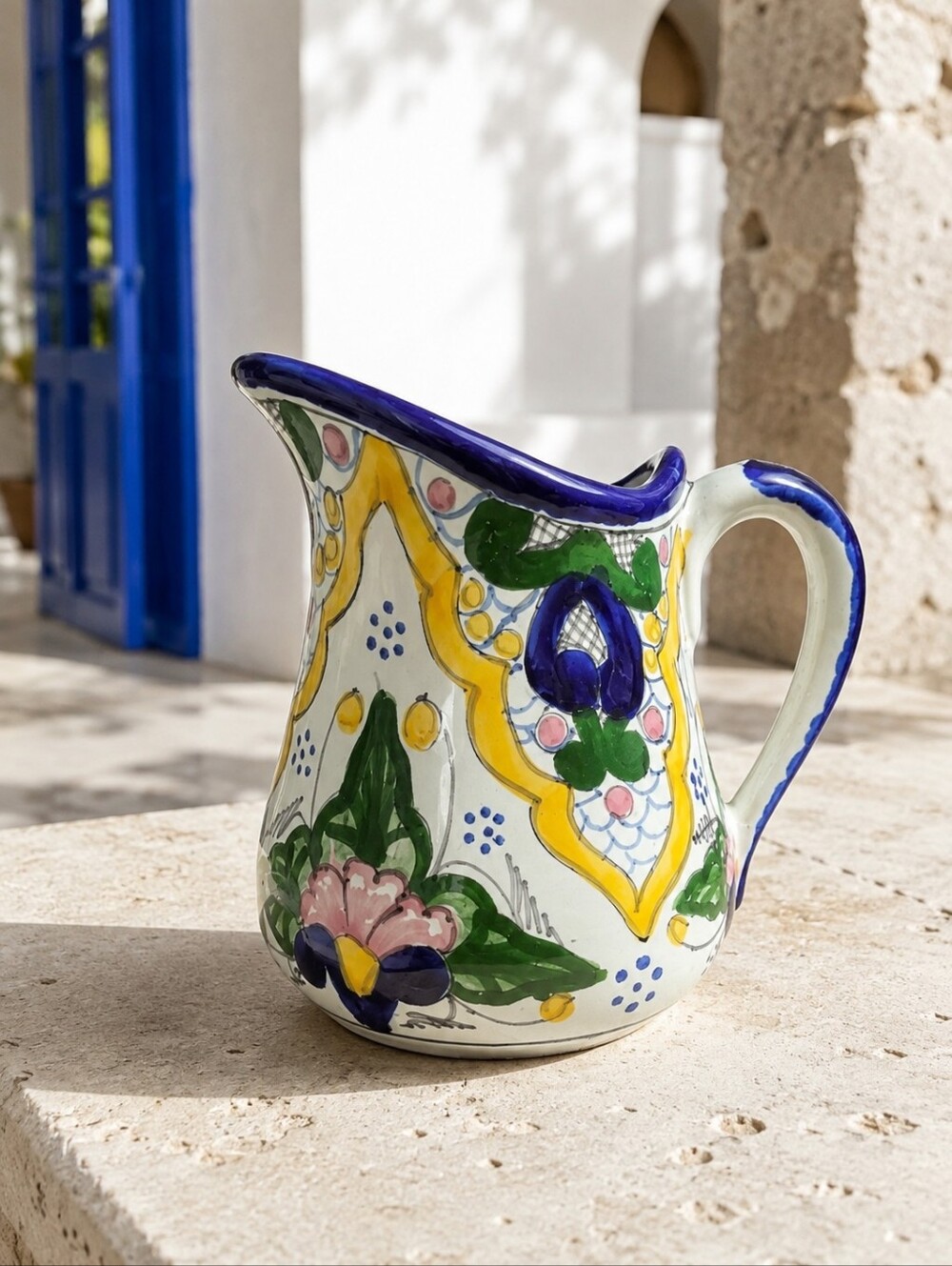 Vintage ANSAR Puebla Mexico Hand Painted Talavera Style Pottery Creamer 4.75"